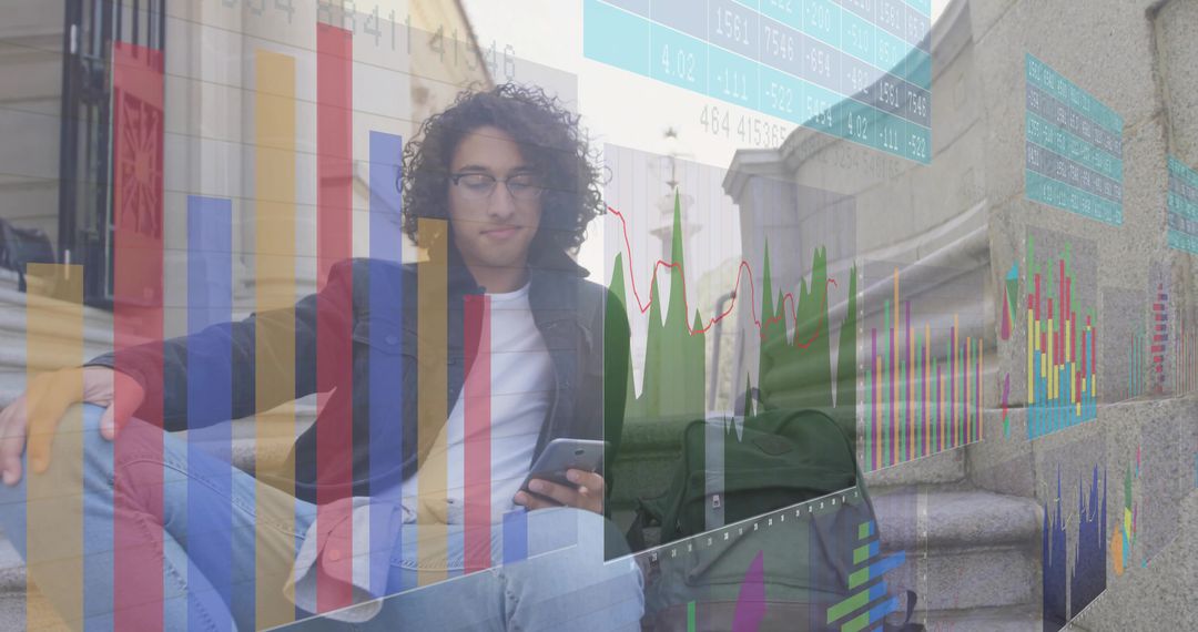 Curly-haired Student Analyzing Data with Smartphone on Campus Steps