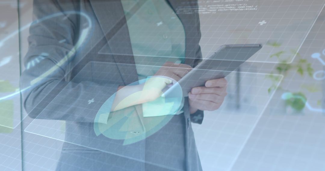 Executive Using Holographic Interface with Tablet in Modern Office