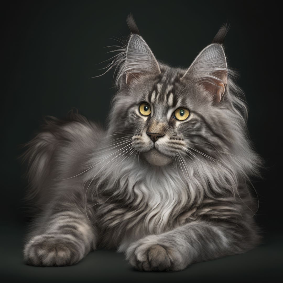 Close up of grey maine coon cat on black background created using generative ai technology - Free Images, Stock Photos and Pictures on Pikwizard.com