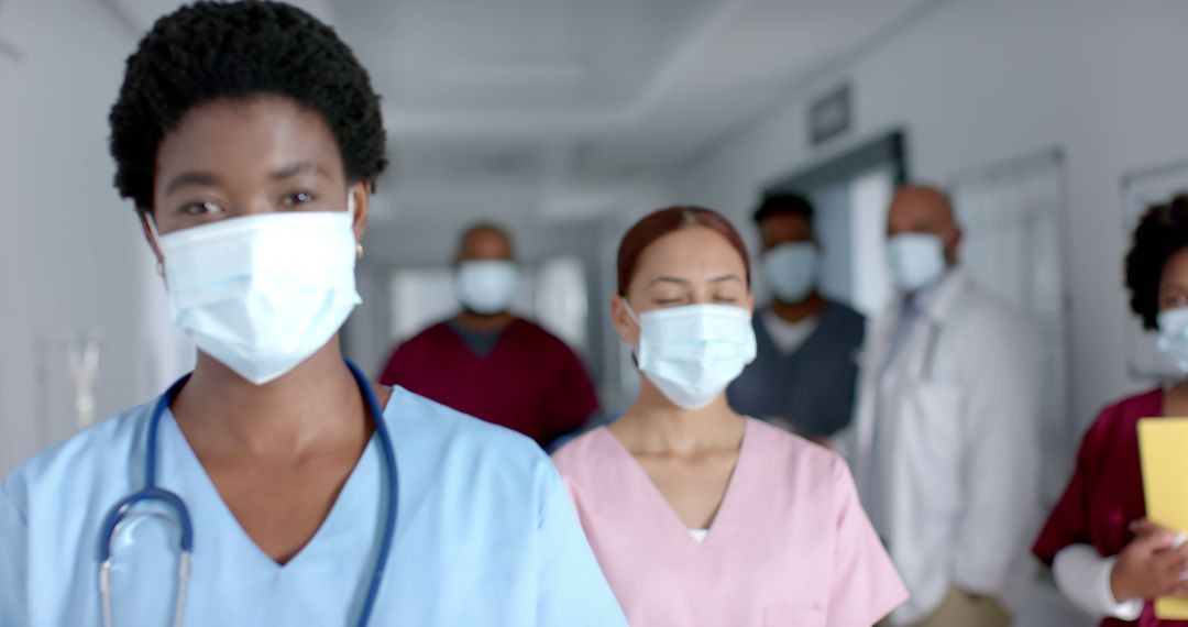 Diverse Healthcare Team Wearing Masks in Hospital Corridor - Free Images, Stock Photos and Pictures on Pikwizard.com