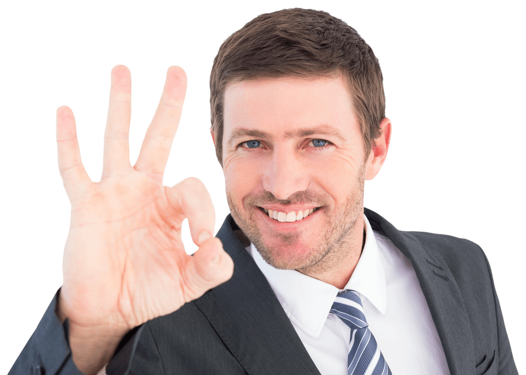 Businessman Smiling with OK Sign on Transparent Background
