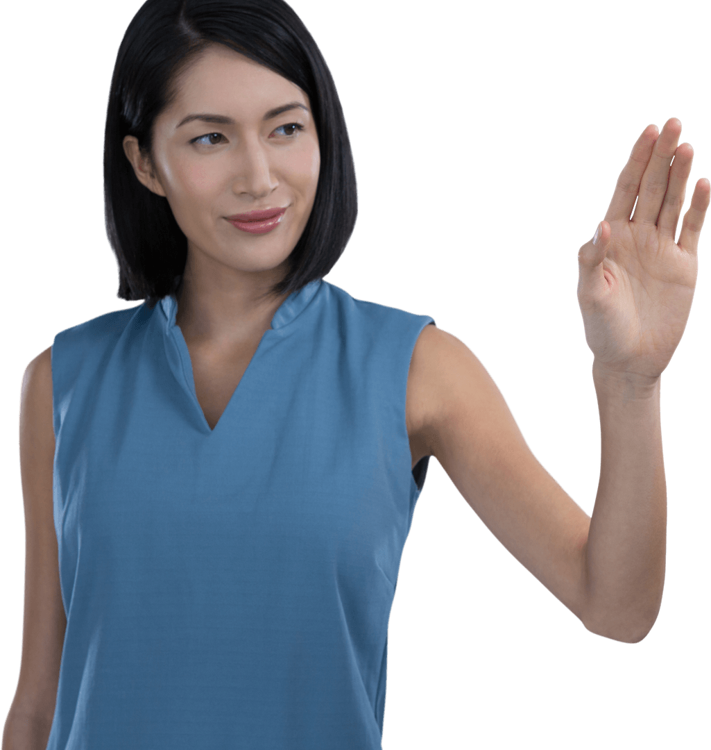 Transparent Interaction with Screen by Smiling Professional Woman