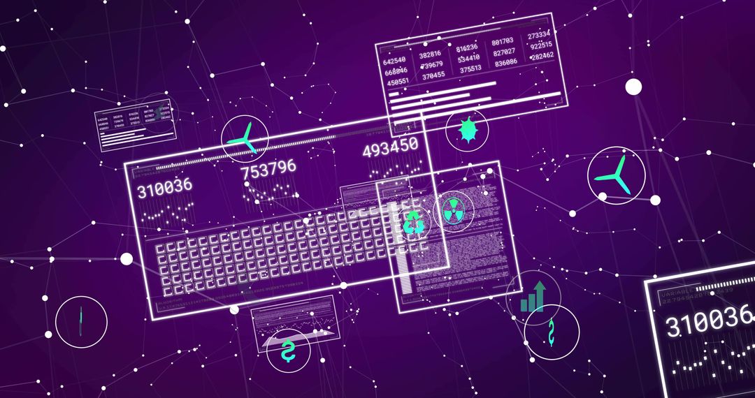 Futuristic Keyboard Interface With Data on Purple Grid Background