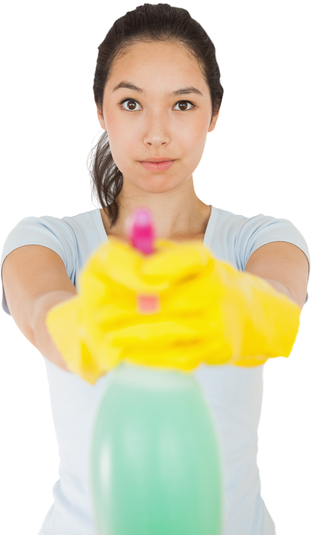 Single brunette woman in gloves holding spray bottle focused on cleaning on transparent background - Download Free Stock Images Pikwizard.com