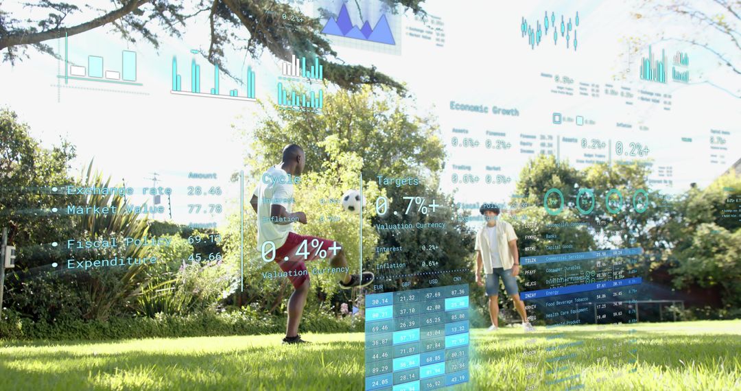 Playing soccer in sunny park with augmented reality finance charts and data overlays