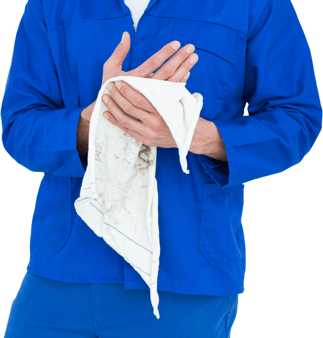 Mechanic in Blue Uniform Cleaning Hands with Transparent Technique