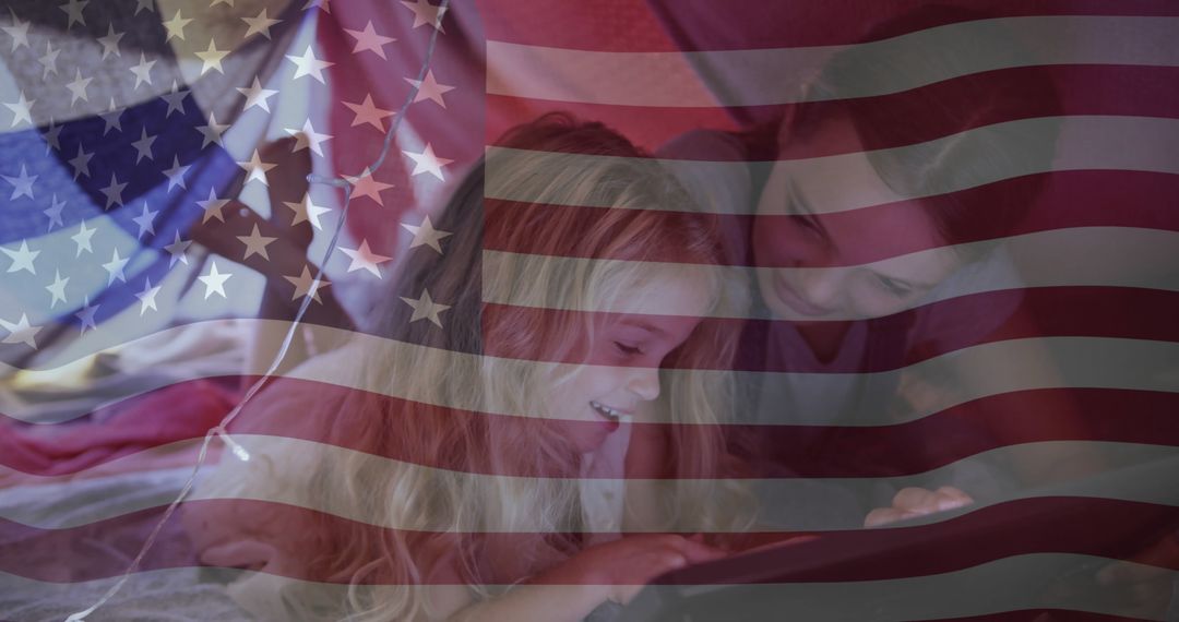 Sisters Relaxing with Tablet Under Patriotic Setting with Flag Overlay