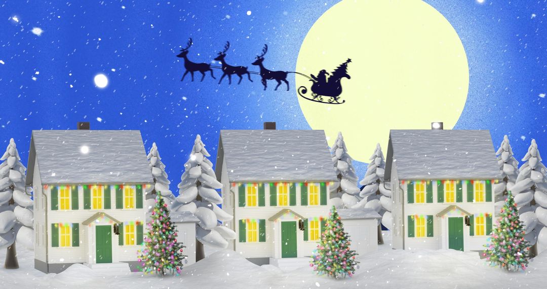 Santa's Sleigh Over Snowy Village in Moonlit Night
