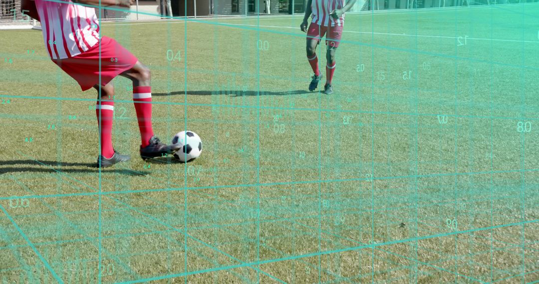 Controlling soccer player on turf with tactical grid overlay and teammate nearby
