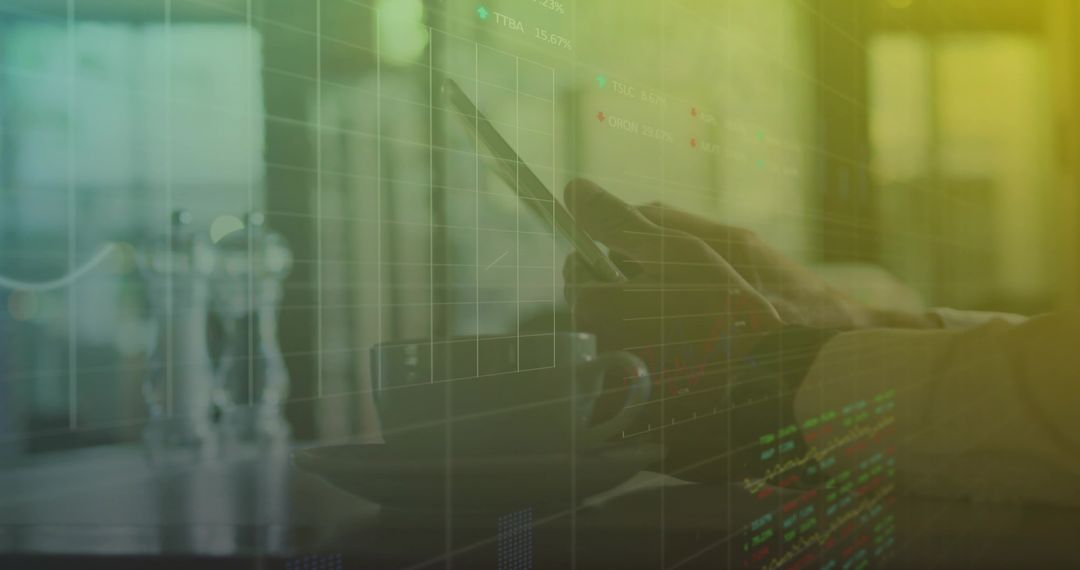 Businessman Engaging with Charts on Smartphone in Cafe Ambiance