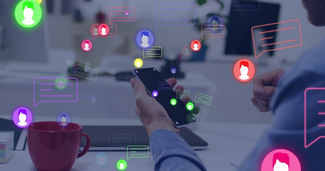 Man Using Smartphone Amidst Digital Technological Interface