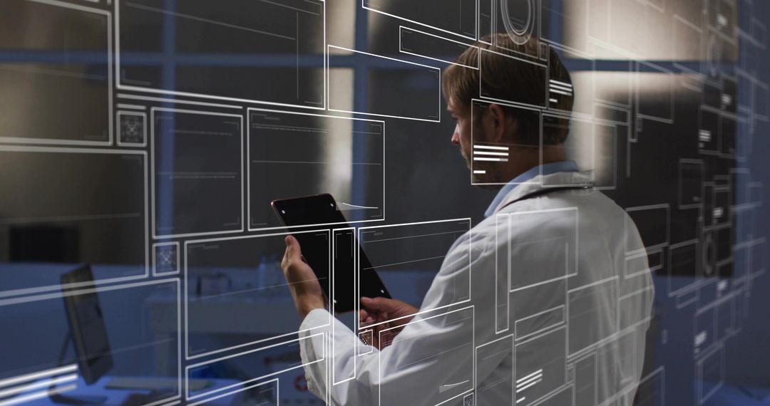 Scientist Wearing Lab Coat Using Tablet with Futuristic Digital Interface Overlay