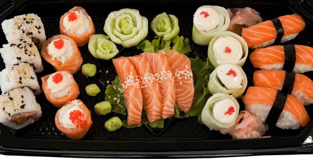 Transparent Bento Box with Colorful Fresh Sushi Arrangement