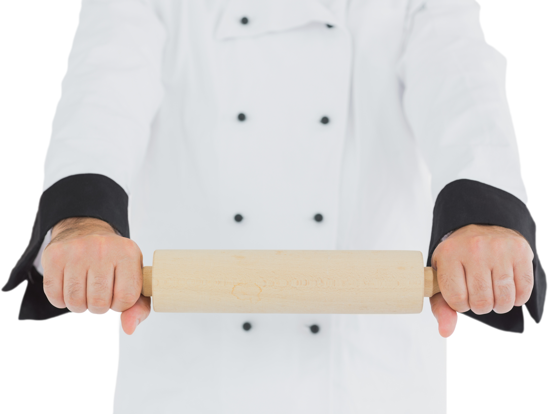 Chef Holding Wooden Rolling Pin with Uniform on Transparent Background - Download Free Stock Images Pikwizard.com