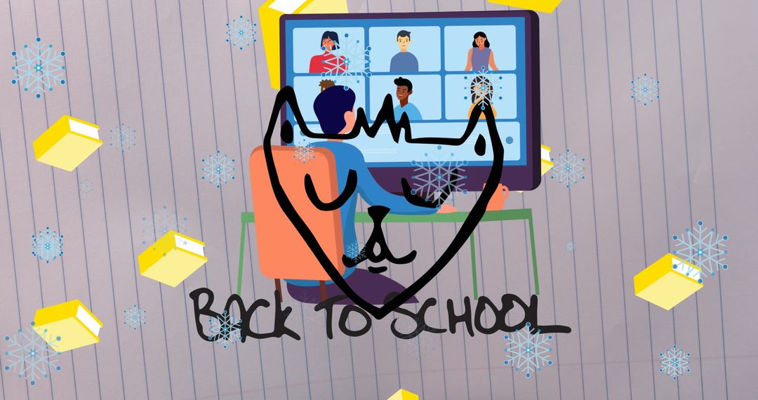 Creative Online Learning Concept with Back to School Cat Doodle