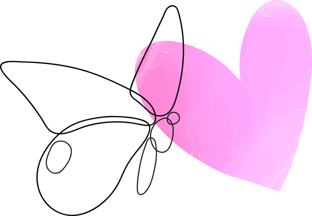 Elegant Butterfly Line Art Beside Pink Compassionate Heart on Transparent Background