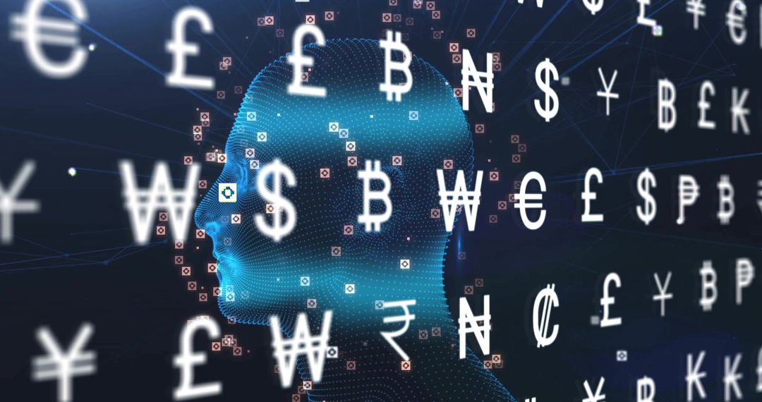 Digital Human Silhouette with Floating Currency Symbols