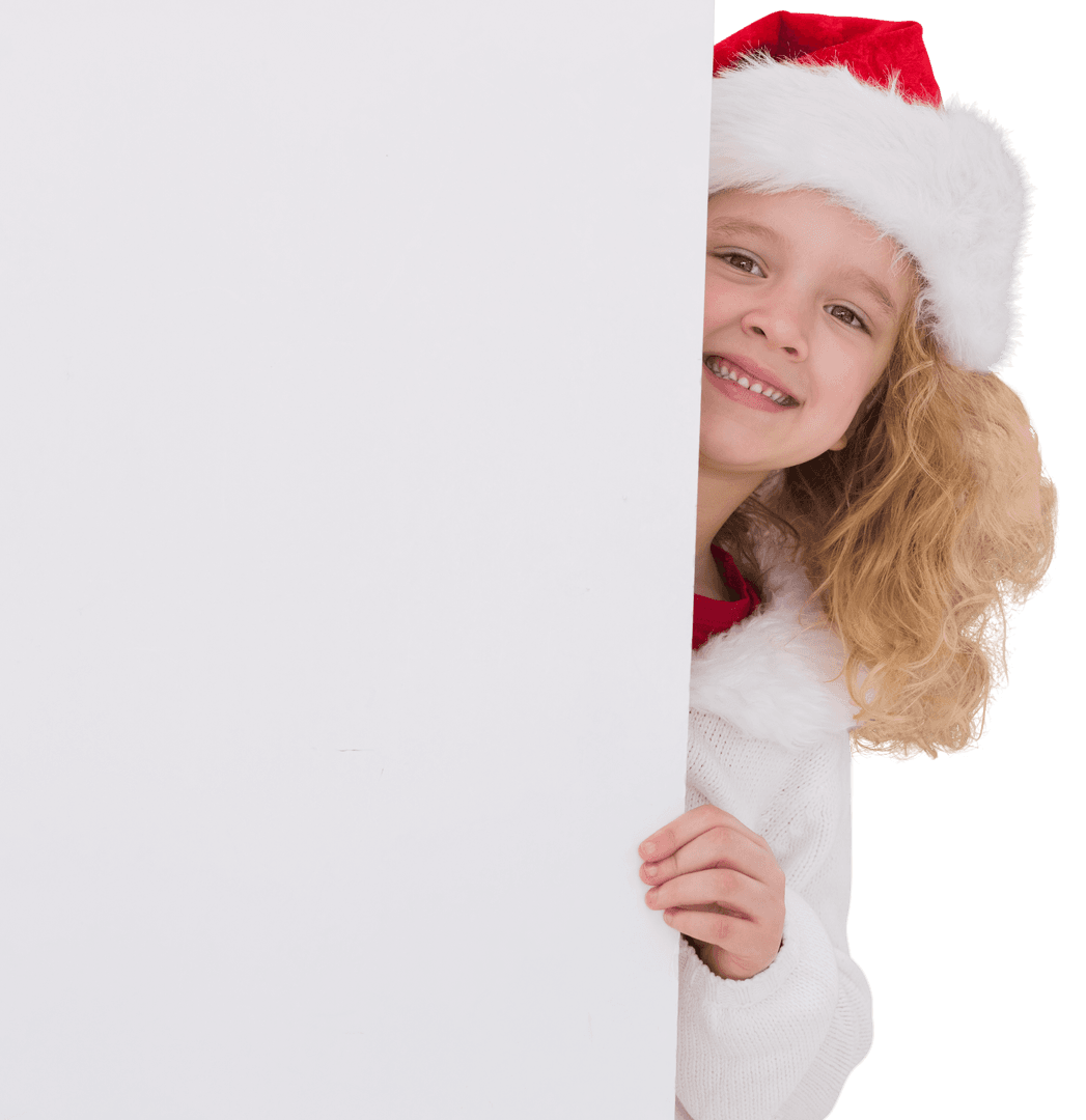 Happy Child in Santa Hat with Card on Transparent Background