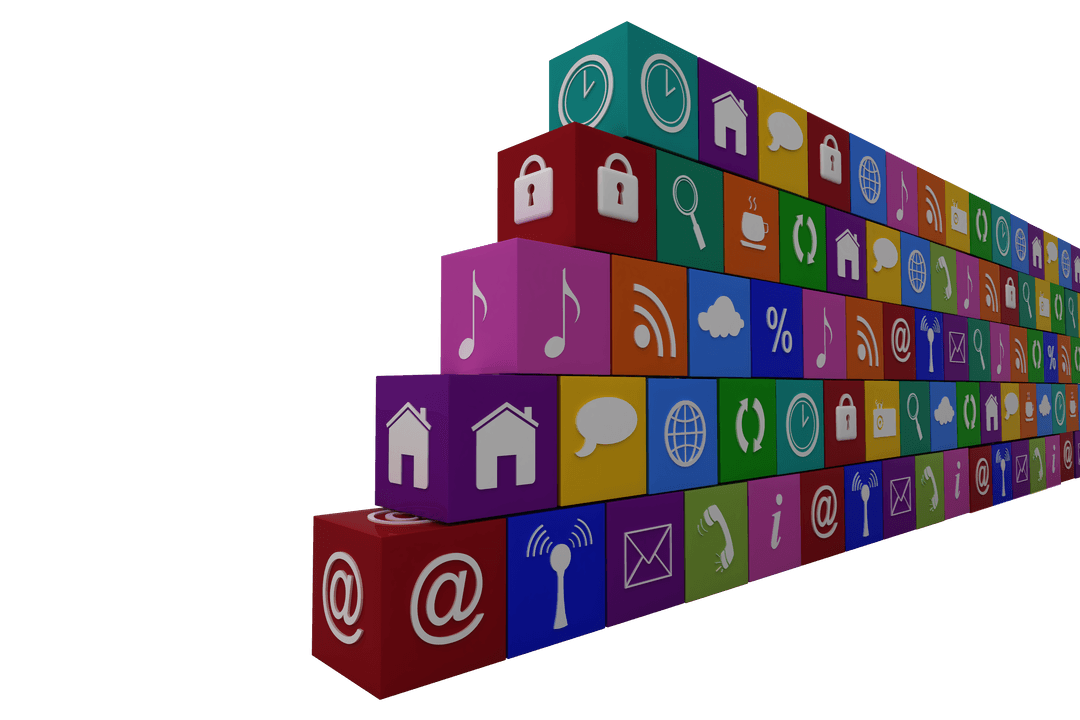 Wall of Colorful Digital Icons on Transparent Background