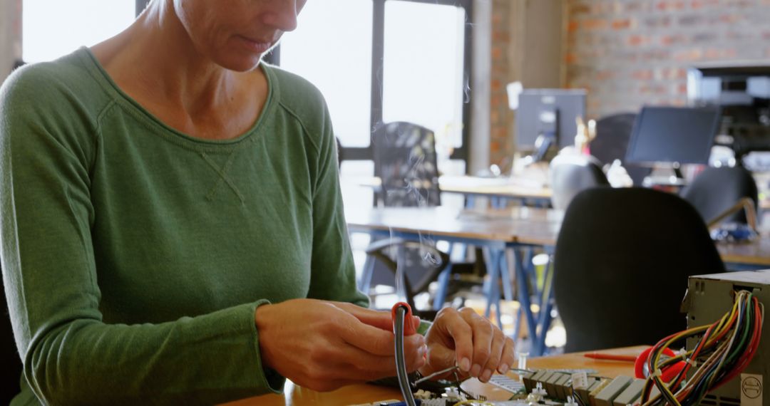 Woman Repairing Electronics in Modern Office Workspace - Free Images, Stock Photos and Pictures on Pikwizard.com