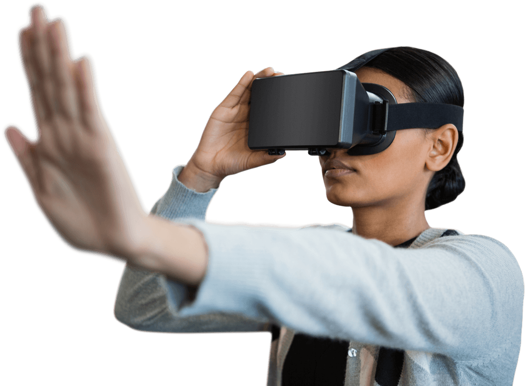 Young Woman Exploring Virtual Reality with Transparent Background
