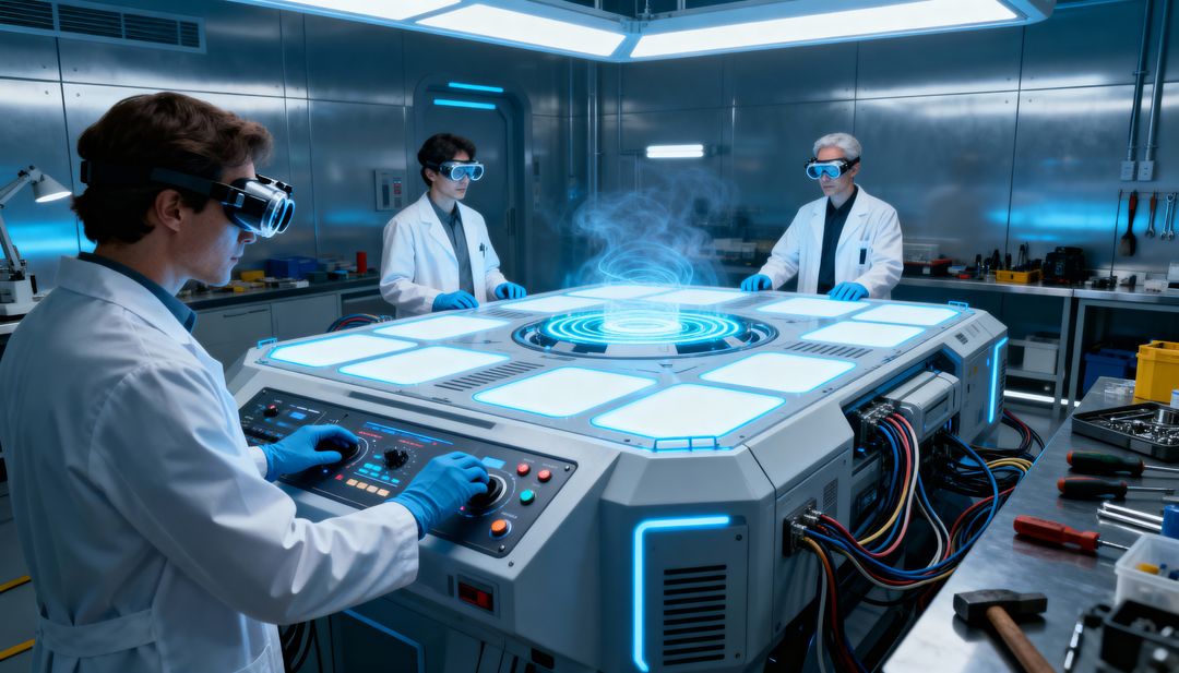 Research Team Operating Holographic Reactor Console in High-Tech Laboratory