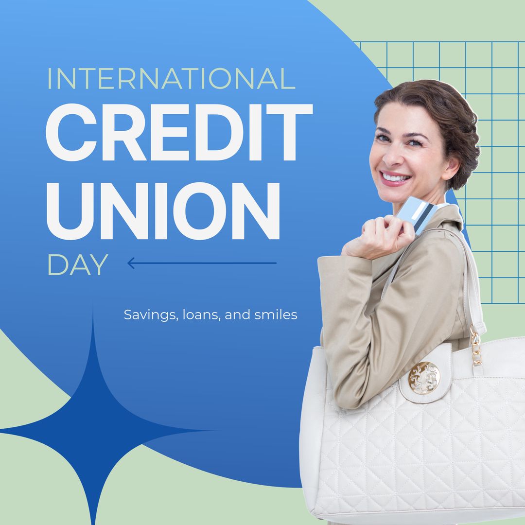 Composite of international credit union day text and smiling caucasian woman showing credit card - Download Free Stock Templates Pikwizard.com