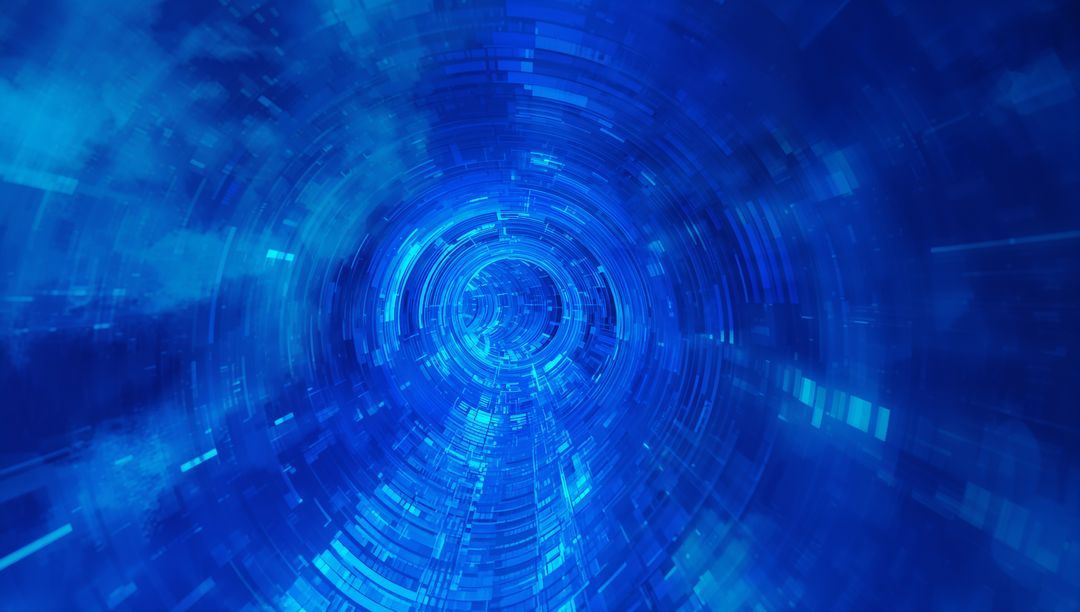 Spiraling Blue Data Tunnel Pulling Viewer Inward with Glowing Core and Circuit Rings