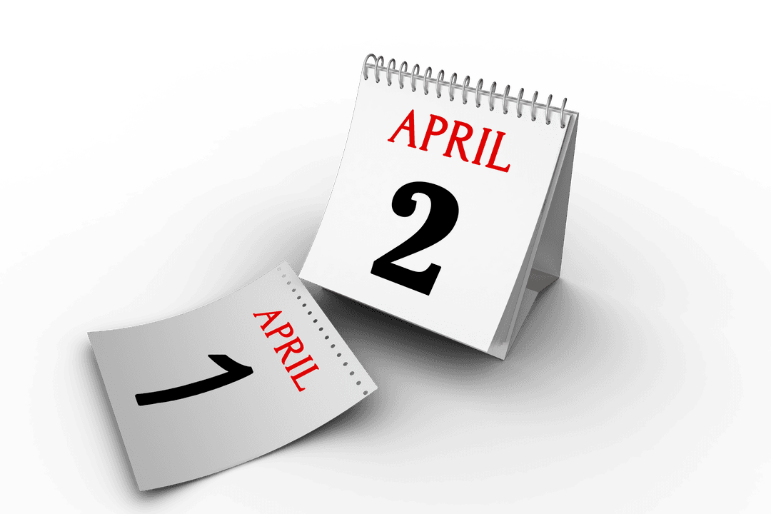 April Calendar Page Transparent with Days Sheets Isolated