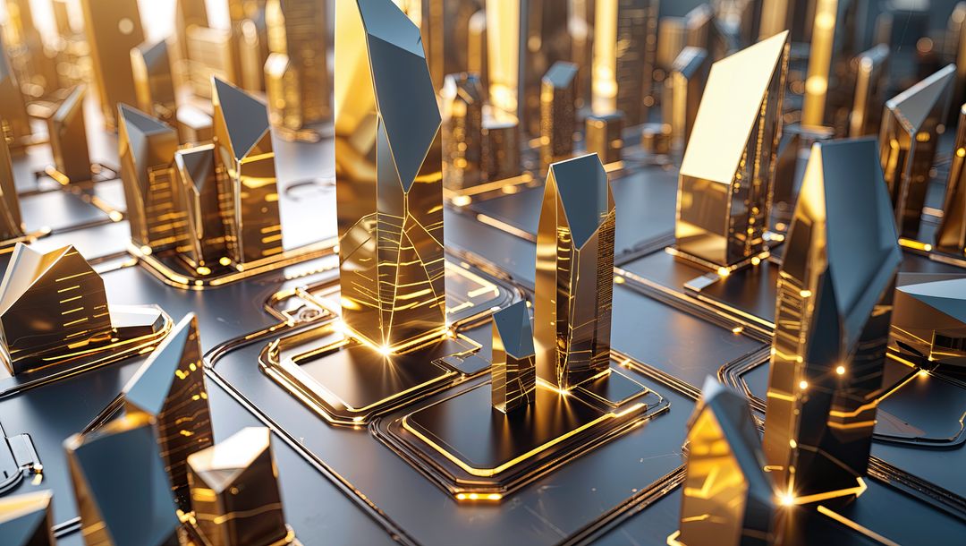 Futuristic Gold Towers on Dark Metal Platform with Amber Circuitry