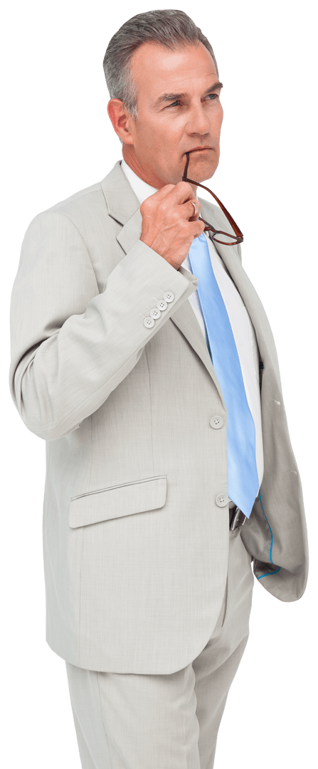 Caucasian Businessman Contemplating with Glasses on Transparent Background