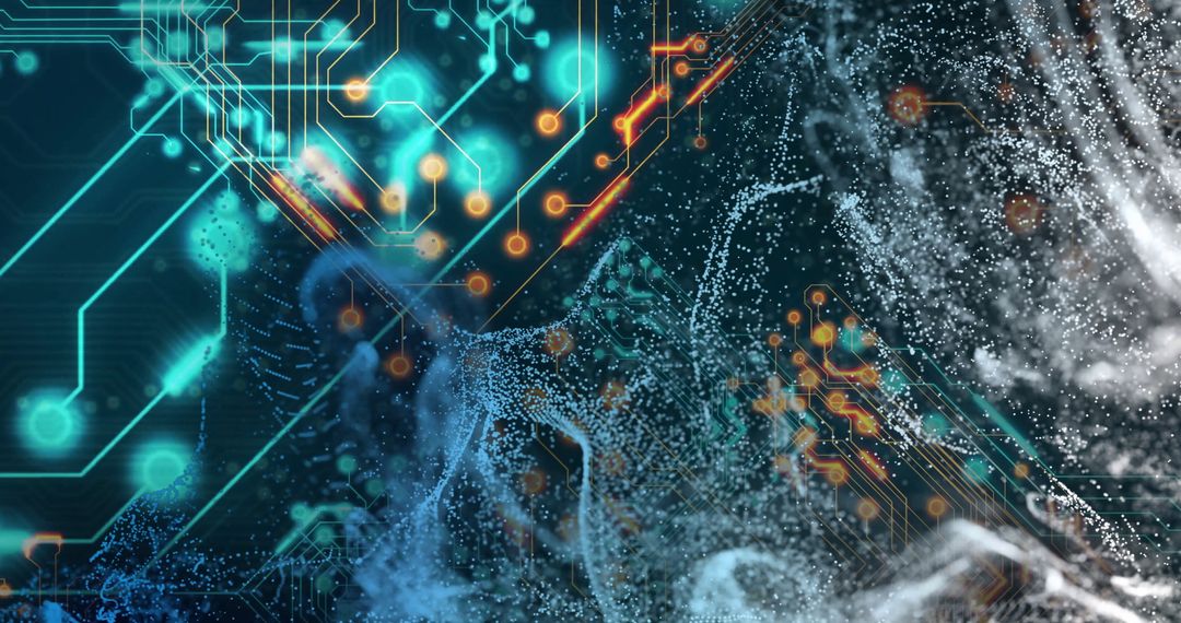 Futuristic Blue and Orange Digital Circuit with Data Visualizations