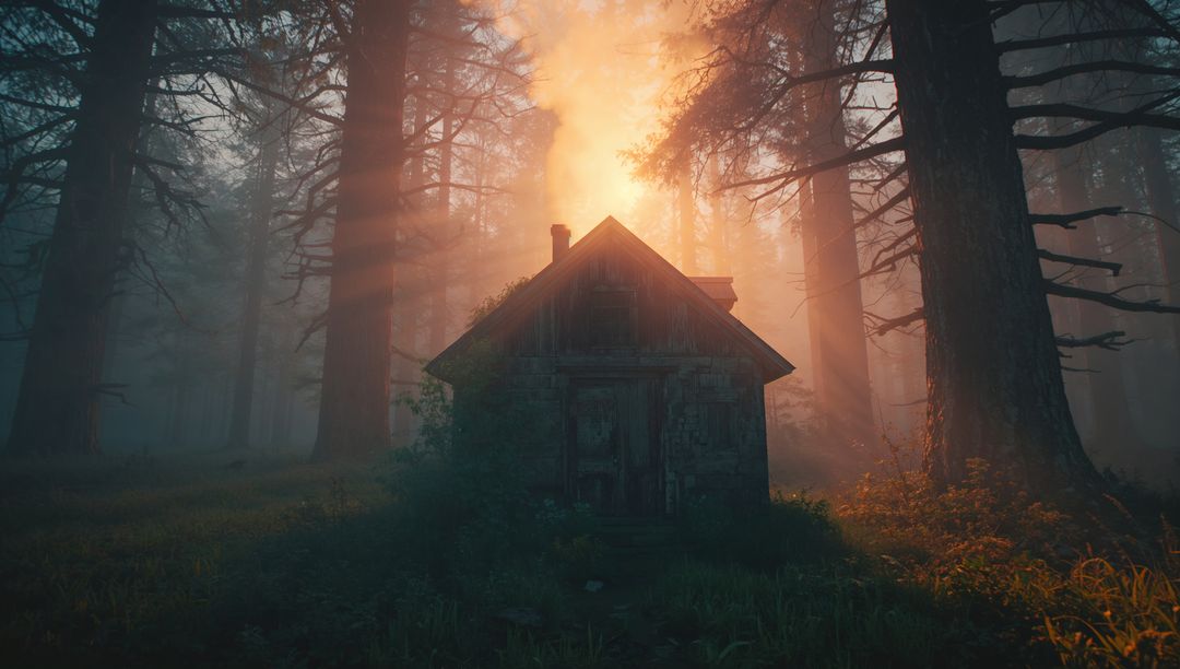 Enchanting Sunlit Cabin in Misty Forest