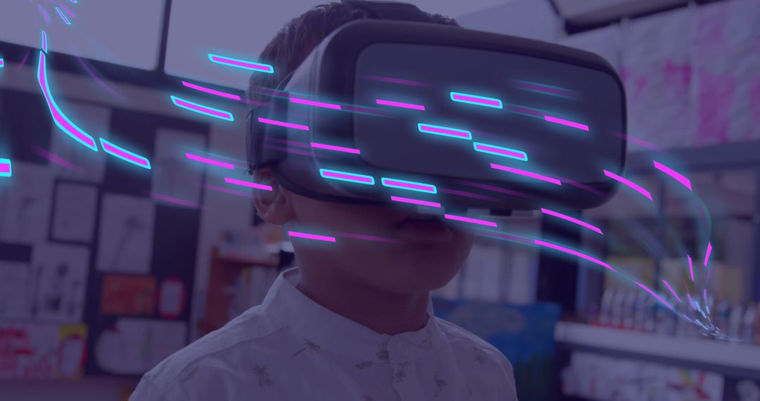Young Boy Exploring Virtual Reality with Neon Data Trails