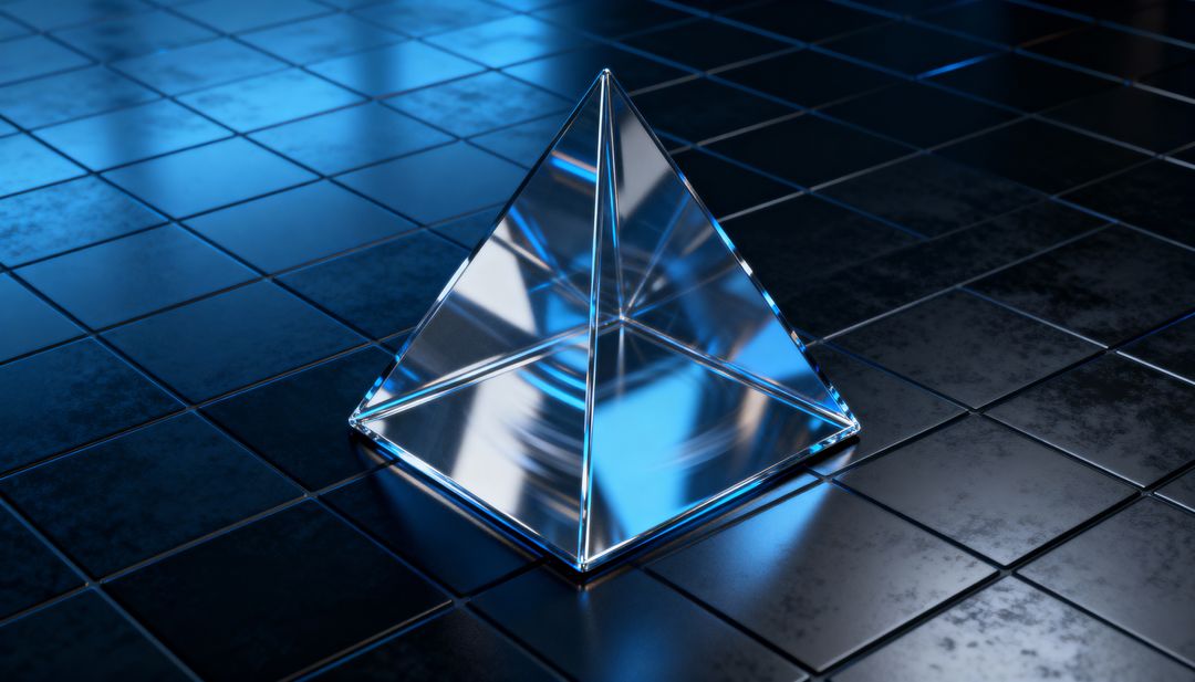 Glass Pyramid Prism Casting Blue Refractions on Glossy Black Tiled Floor