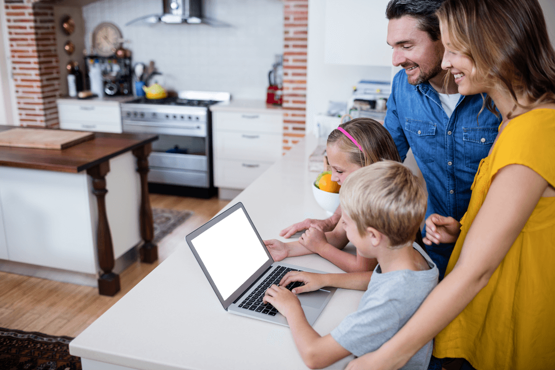 Family Enjoying Technology Together in Kitchen with Laptop