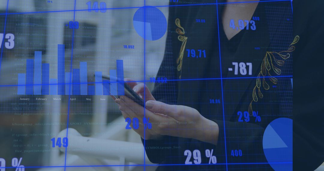 Businesswoman holding smartphone and viewing blue analytics dashboards with data overlay