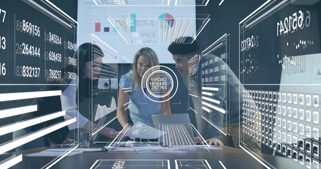 Innovative Team Analyzes Holographic Data in Futuristic Workspace