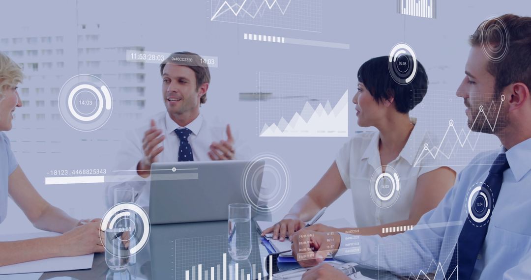 Business Meeting Analyzing Digital Financial Data on Screen