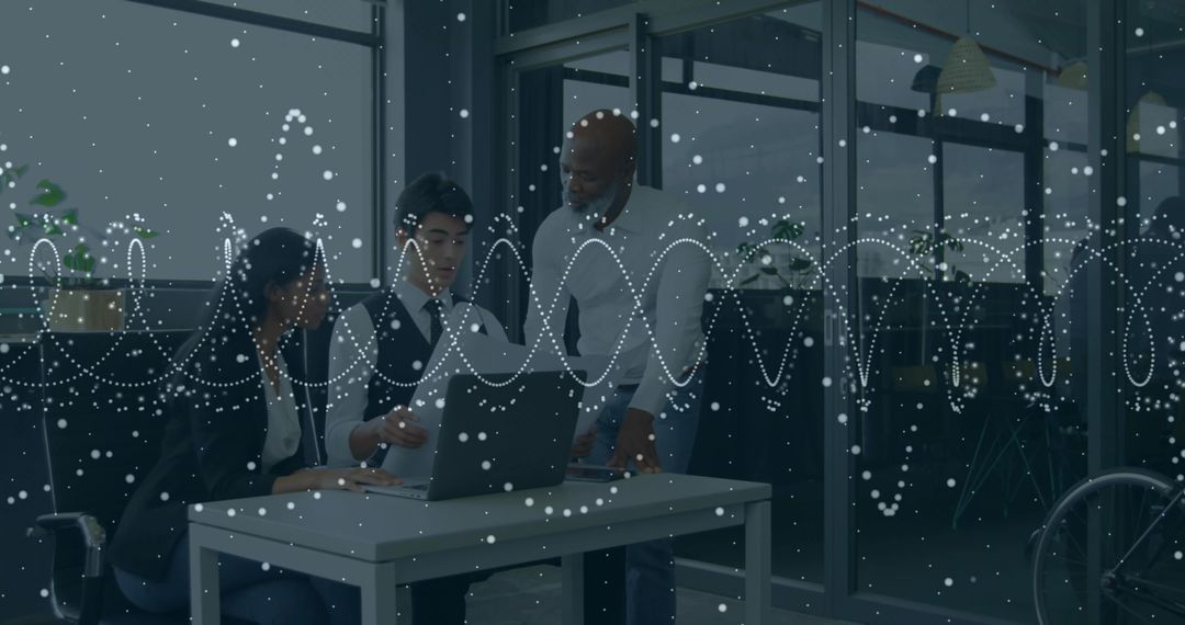 Business Team Analyzing Data on Laptop with Digital Waveform Overlay