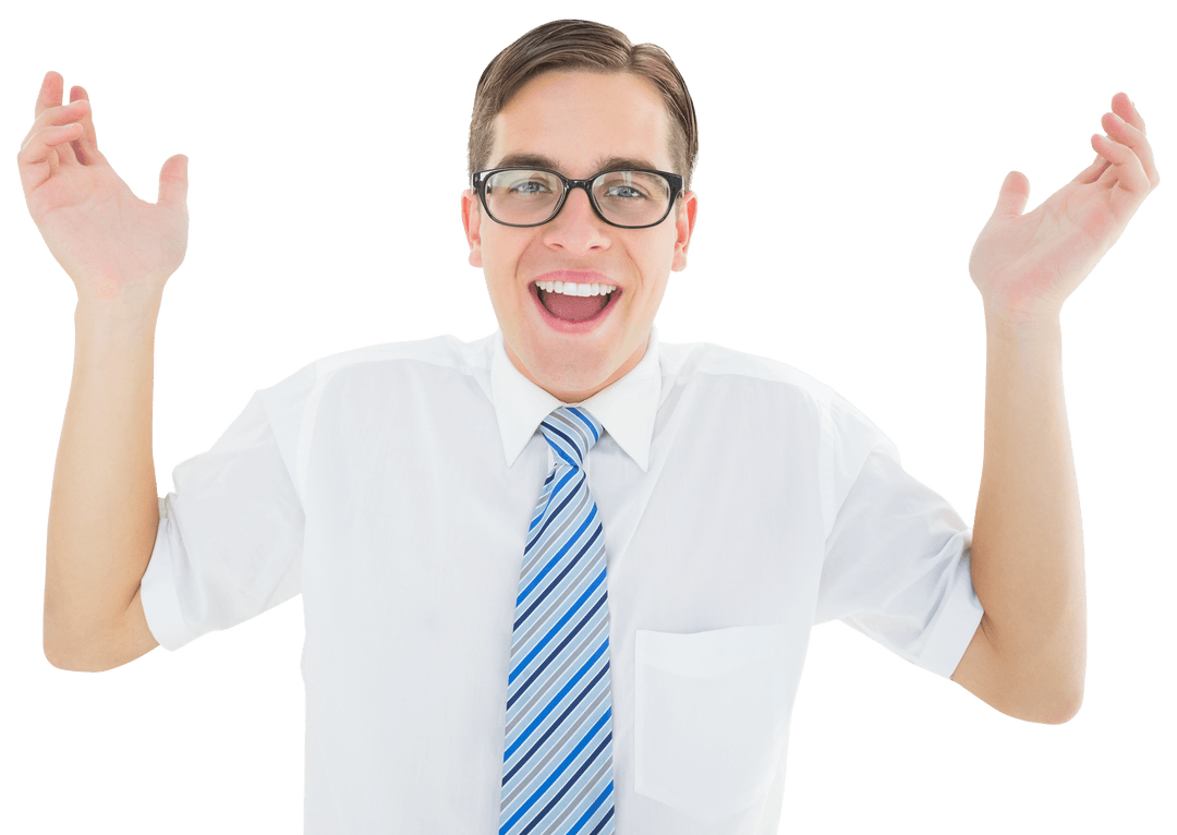 Transparent Enthusiastic Businessman Raising Hands