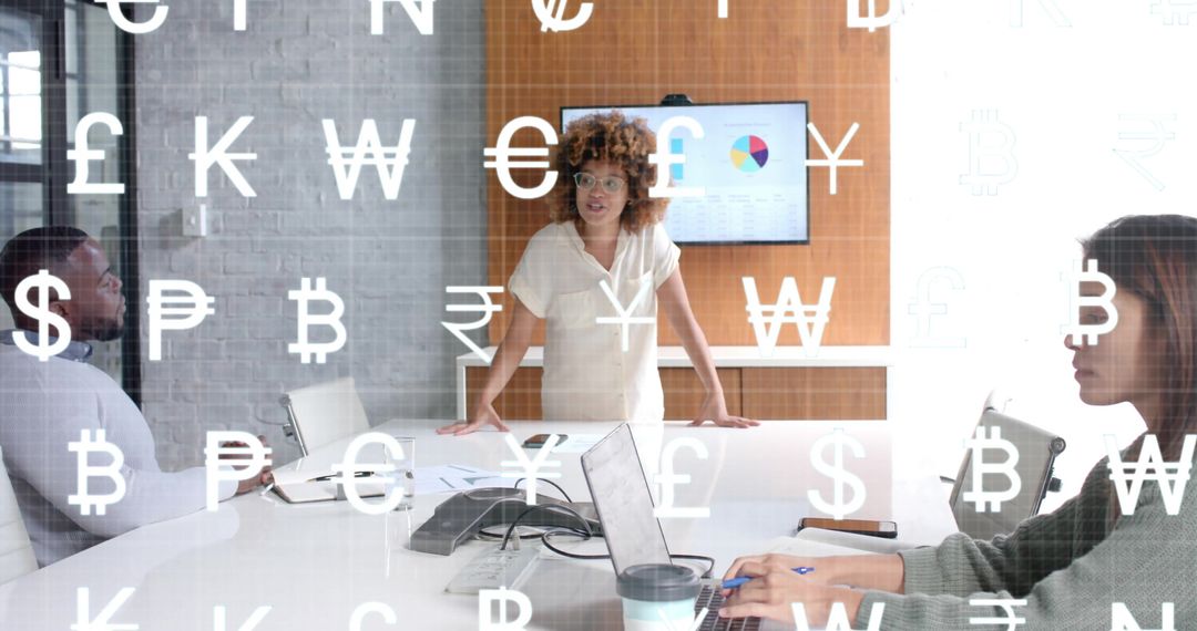 Diverse Team in Modern Office with Abstract Currency Symbols Overlay