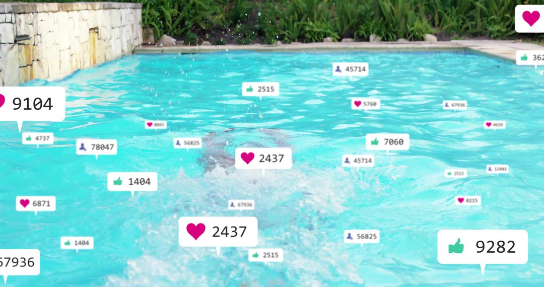 Swimmer Splashes in Backyard Pool with Floating Social Media Likes, Hearts and Engagement Metrics