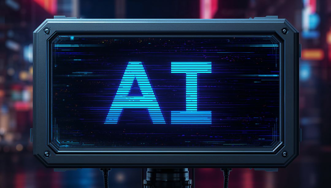 Retrofuturistic Neon AI Display with Glitch Scanlines on Industrial Metal Bezel and Pole