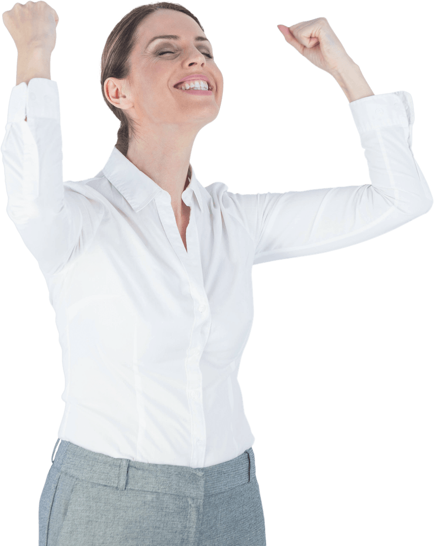 Transparent Successful Businesswoman Clenching Fists Joyfully