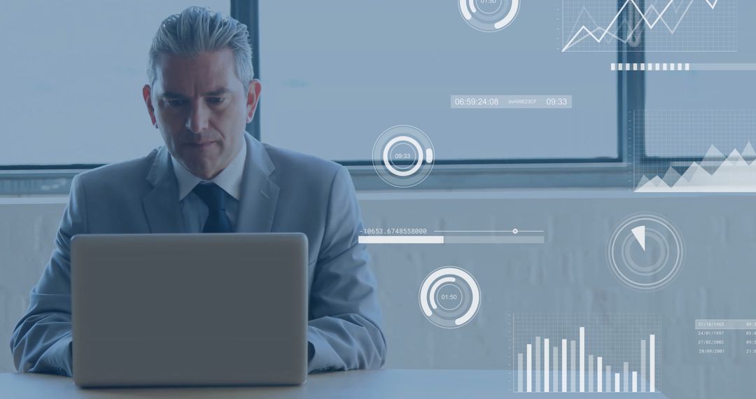 Businessman Analyzing Data with Holographic Interface in Modern Office