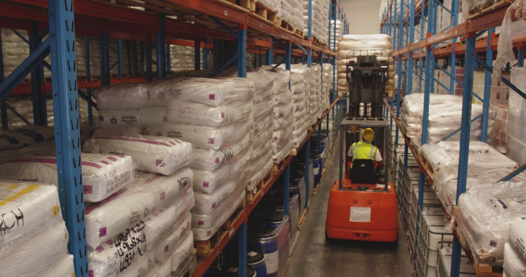 Warehouse Worker Operating Forklift in Fully Stocked Storage Facility - Free Images, Stock Photos and Pictures on Pikwizard.com