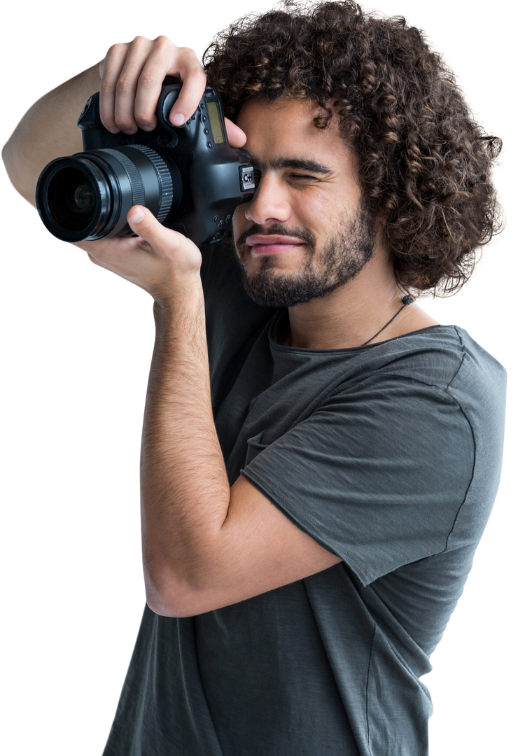 Young Man with Afro Hair Photographing with Digital Camera on Transparent Background - Download Free Stock Images Pikwizard.com