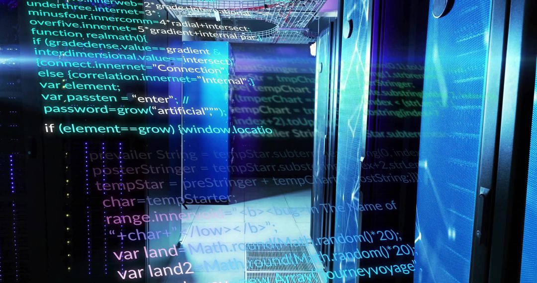 Server Racks with Floating Code in Futuristic Data Center