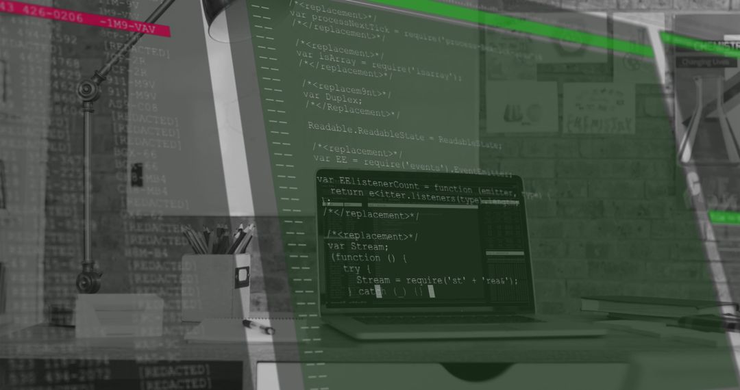 Code Overlay on Modern Office Workspace Symbolizing Technology